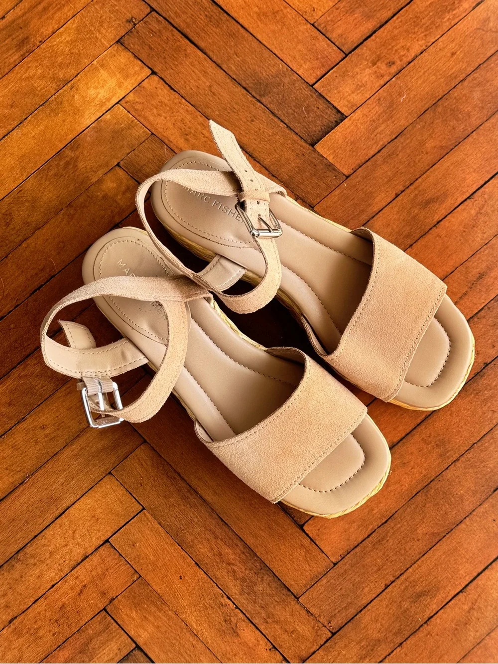 Sz 8.5 Marc Fisher Tan Suede Jellard Espadrille Chunky Jute Wrap Platform Sandal
